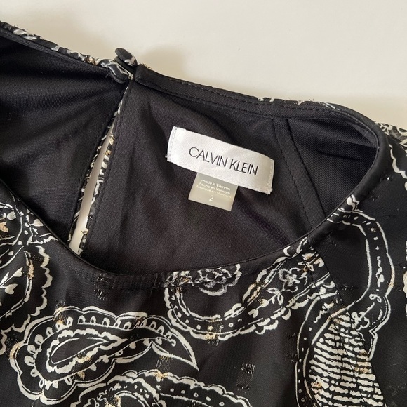 NWT CALVIN KLEIN Paisley Metallic Black Long Sleeve Chiffon Dress Sz 2 - Picture 5 of 7